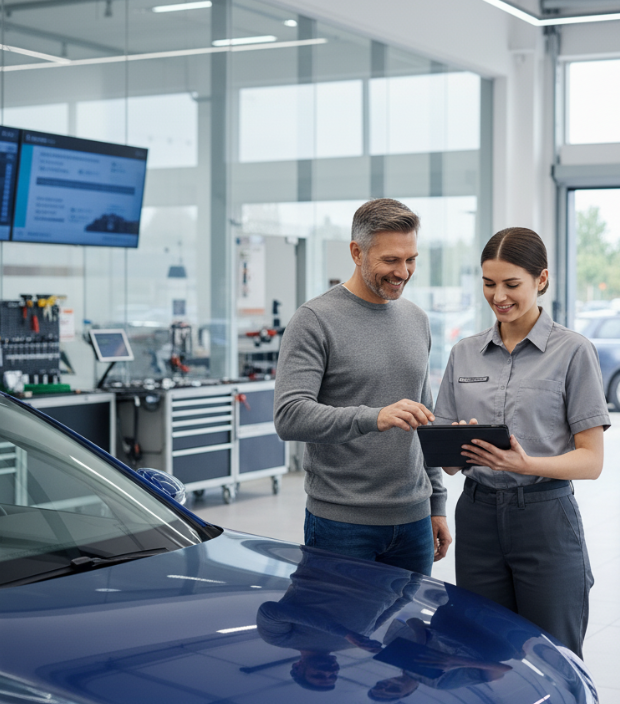 Serviceberaterin im Autohaus zeigt einem Kunden digitale Fahrzeugdaten auf einem Tablet zur Optimierung von Aftersales Prozessen und Kundenbindung