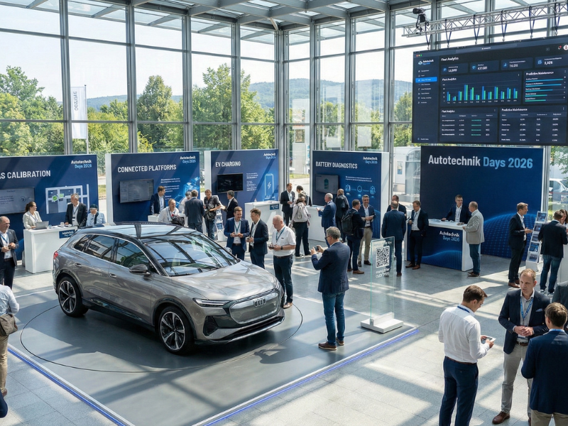 Automotive-Messe mit Elektrofahrzeug, Analytics-Dashboard und Präsentationen zu Connected Platforms und Digitalisierung im Autohaus