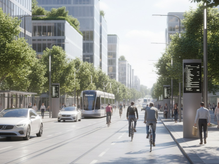 Straßenbahn Autos und Radfahrer in moderner Stadt als Symbol für digitale Mobilitätslösungen und datengetriebene Automotive Innovation