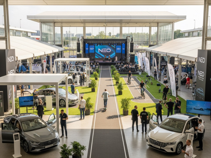 Automobilmesse mit Fahrzeugpräsentationen Besuchern und zentraler Bühne für neue Mobilitätslösungen