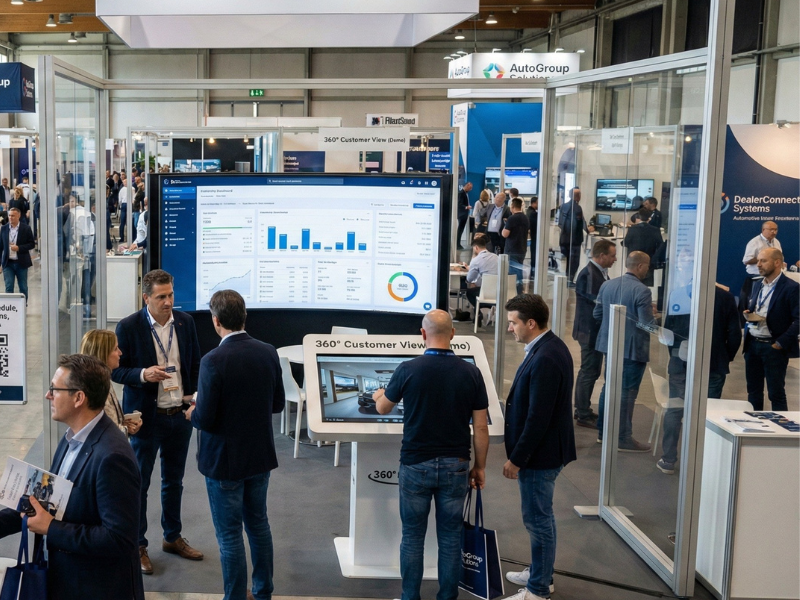 Messestand auf Automotive-Event mit CRM-Software, 360° Customer View und Analytics-Dashboard für Autohaus und Händlergruppen
