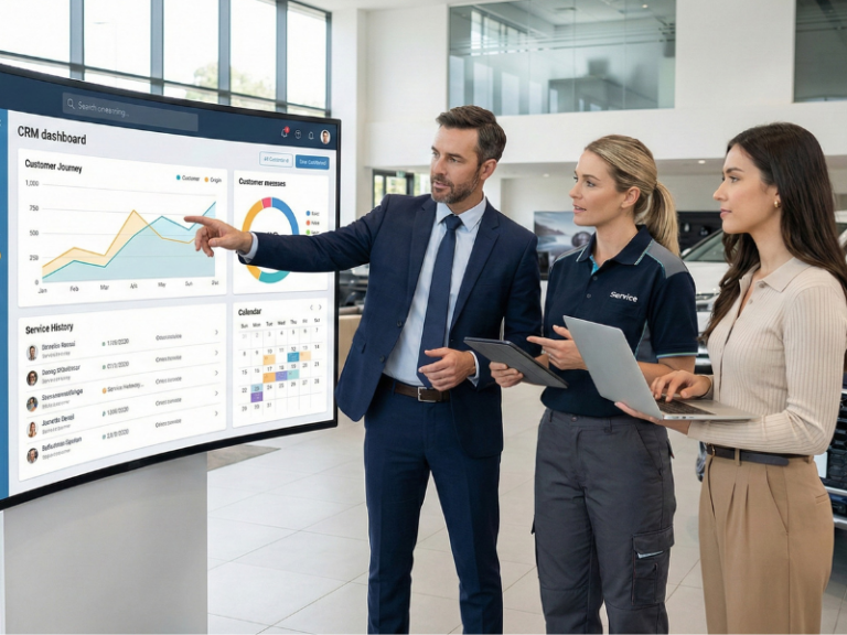 Team im Autohaus analysiert ein CRM-Dashboard mit Customer-Journey- und Servicekennzahlen