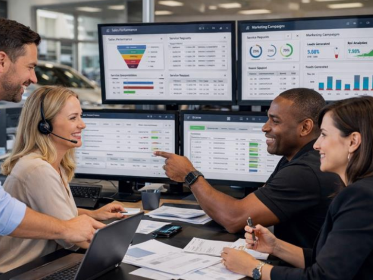 Team im Autohaus analysiert CRM-Dashboard mit Verkaufs- und Servicekennzahlen zur Optimierung von Kundenbindung und After-Sales-Prozessen