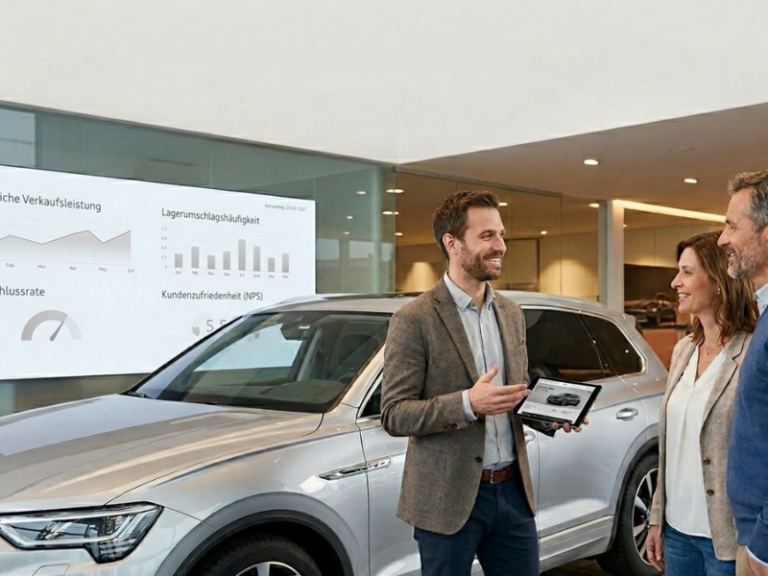 Verkaufsberater zeigt Kunden im Autohaus Fahrzeug und Verkaufsdaten auf Tablet mit CRM-Analytics im Hintergrund