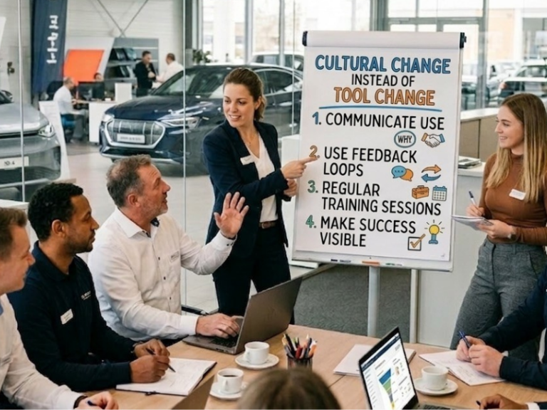 Dealership team attending CRM training focused on change management, processes, and digital transformation