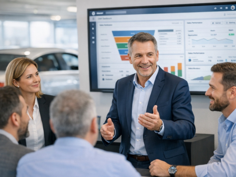 Team im Autohaus analysiert CRM-Dashboard mit Verkaufs- und Lead-Kennzahlen zur datenbasierten Steuerung von Vertrieb und Marketing