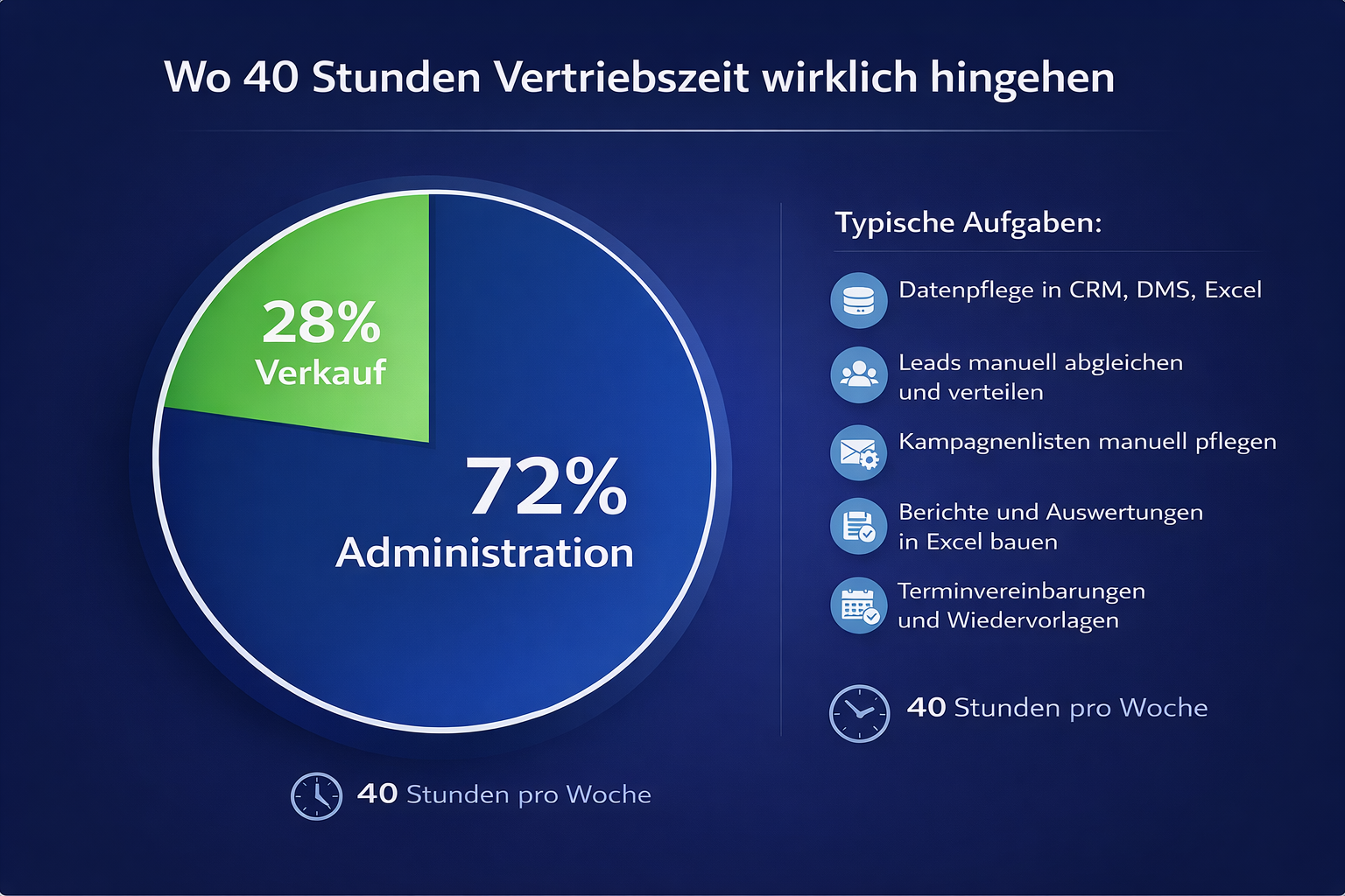 Infografik zur Verteilung der Vertriebszeit im Autohaus mit 72 Prozent Administration und 28 Prozent Verkauf