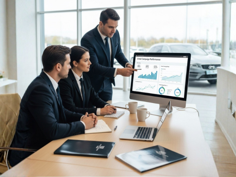 Autohaus-Team analysiert E-Mail-Kampagnen-Dashboard mit Kennzahlen zu Öffnungen, Klicks und Conversion