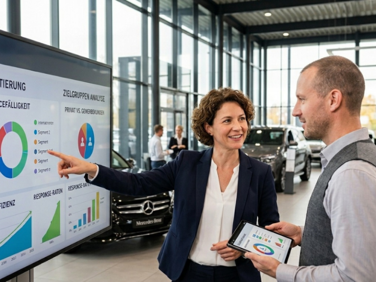 Autohaus-Mitarbeiter analysieren Kundensegmente und CRM-Dashboard zur Optimierung von Marketing und Kundenbindung