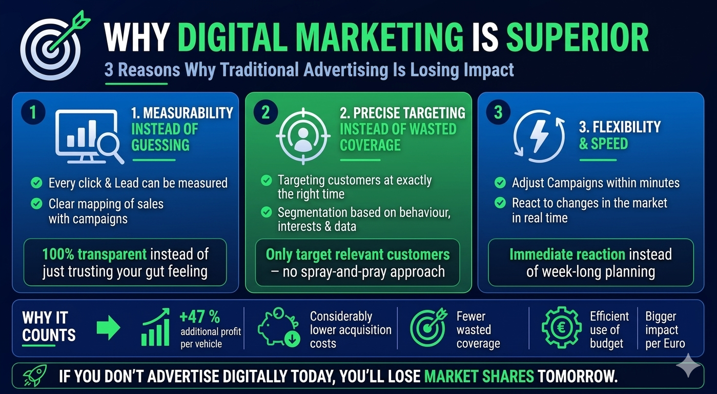 Infographic showing the advantages of digital advertising in automotive retail, focusing on measurability, targeting, and efficiency gains