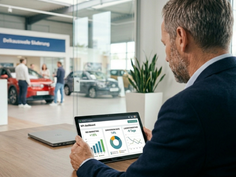 Manager analysiert digitales KPI-Dashboard im Autohaus zur Optimierung von CRM, Marketingperformance und Aftersales-Prozessen