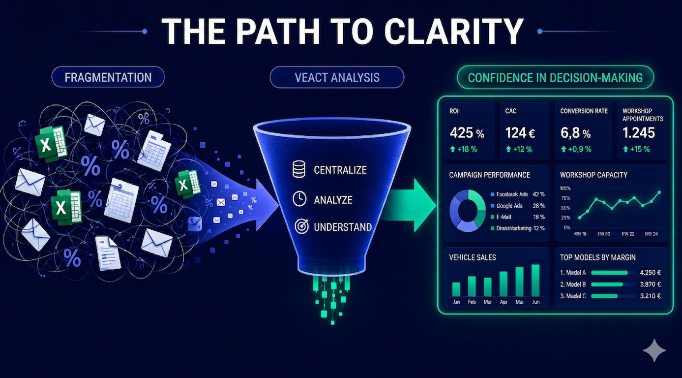 Infographic on data consolidation and CRM analytics in automotive retail, featuring a KPI dashboard, campaign performance, and centralized data management