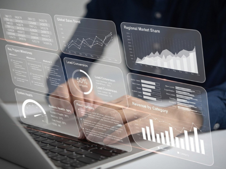 Digitales Analytics-Dashboard auf einem Laptop mit KPI-, Lead-, Umsatz- und Performance-Auswertungen für CRM, Automotive Marketing und datengetriebene Prozesse im Autohaus