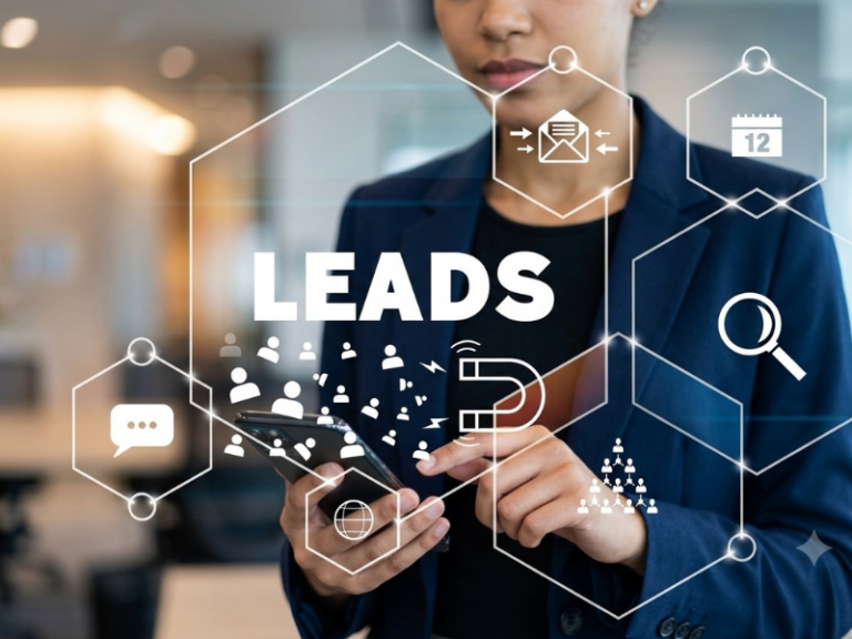 Person nutzt ein Smartphone mit grafischer Darstellung von Leadmanagement, CRM und digitaler Neukundengewinnung. Das Bild steht für datengetriebenes Automotive Marketing, Customer Journey und automatisierte Lead-Prozesse im Autohaus