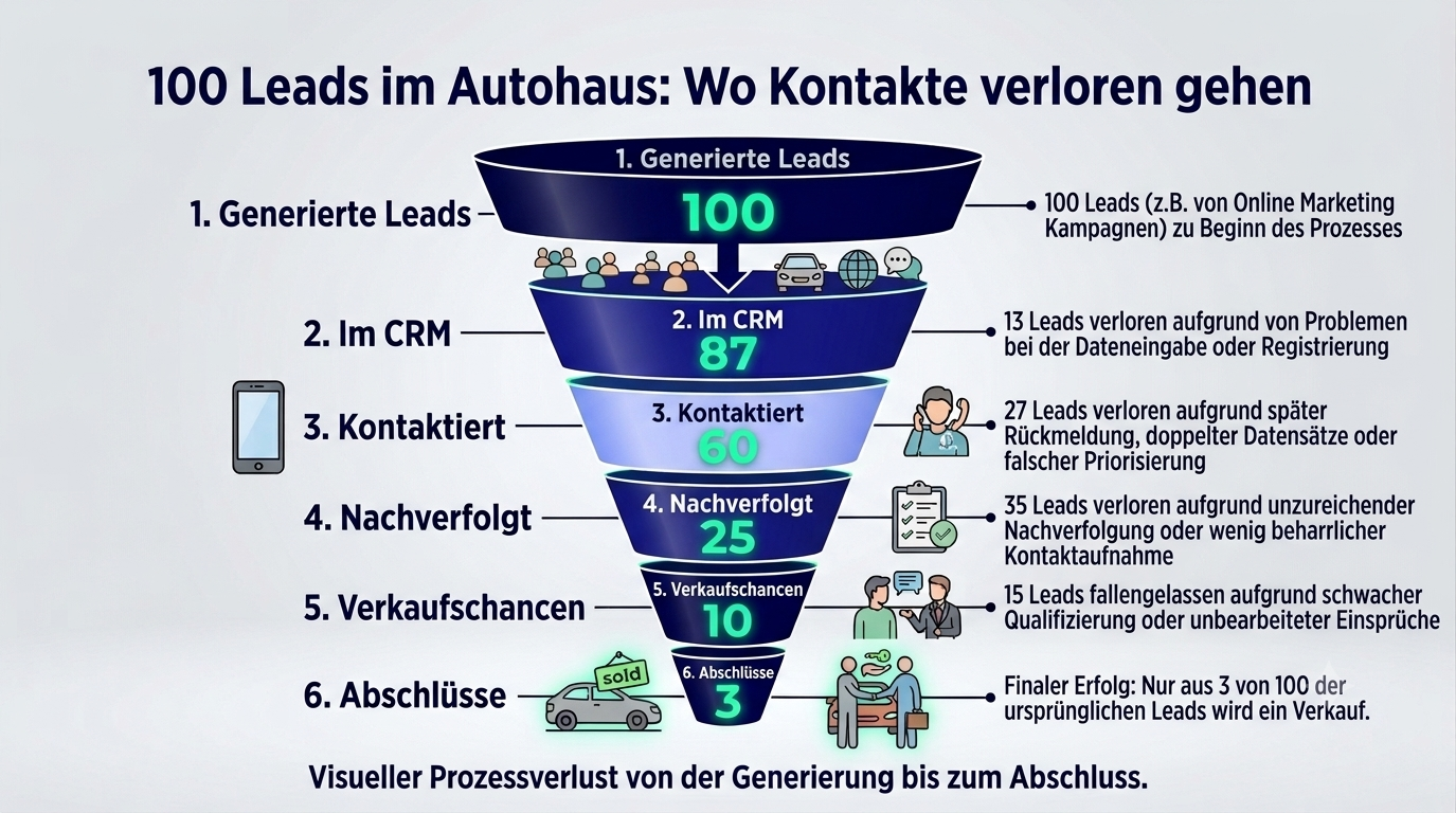 Infografik eines Lead-Funnels im Autohaus mit den Prozessschritten Leadgenerierung, CRM-Erfassung, Kontaktaufnahme, Nachverfolgung und Verkaufsabschluss. Die Darstellung zeigt typische Leadverluste sowie die Bedeutung von CRM Datenqualität, CRM Integration DMS, Datenmanagement und automatisierten Customer Journeys für mehr Kundenbindung und höhere Abschlussquoten